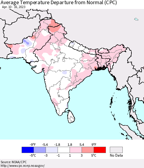 Southern Asia Average Temperature Departure from Normal (CPC) Thematic Map For 4/10/2023 - 4/16/2023