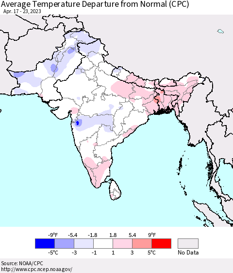 Southern Asia Average Temperature Departure from Normal (CPC) Thematic Map For 4/17/2023 - 4/23/2023