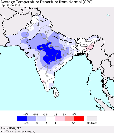 Southern Asia Average Temperature Departure from Normal (CPC) Thematic Map For 4/24/2023 - 4/30/2023