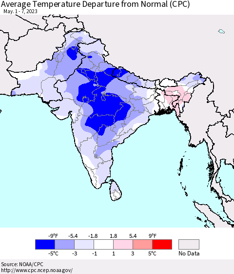 Southern Asia Average Temperature Departure from Normal (CPC) Thematic Map For 5/1/2023 - 5/7/2023