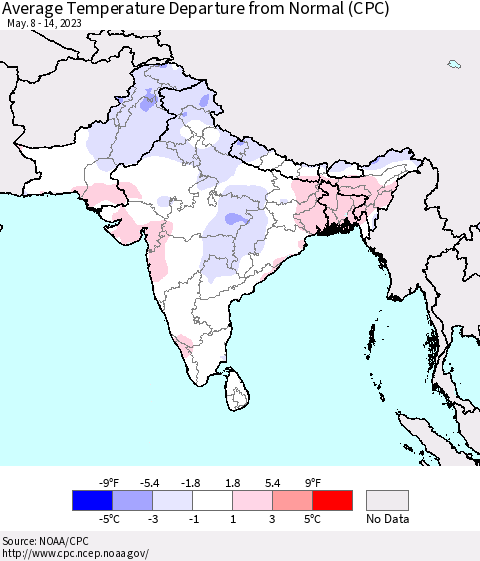 Southern Asia Average Temperature Departure from Normal (CPC) Thematic Map For 5/8/2023 - 5/14/2023