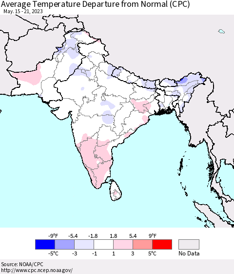 Southern Asia Average Temperature Departure from Normal (CPC) Thematic Map For 5/15/2023 - 5/21/2023