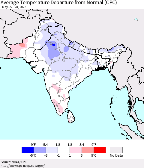 Southern Asia Average Temperature Departure from Normal (CPC) Thematic Map For 5/22/2023 - 5/28/2023