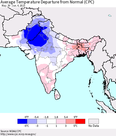 Southern Asia Average Temperature Departure from Normal (CPC) Thematic Map For 5/29/2023 - 6/4/2023