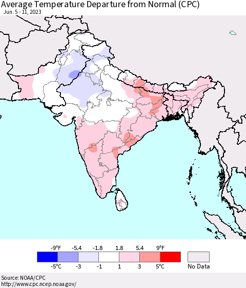 Southern Asia Average Temperature Departure from Normal (CPC) Thematic Map For 6/5/2023 - 6/11/2023