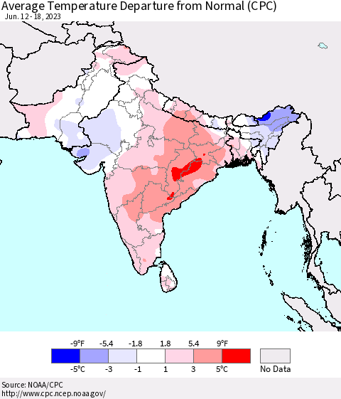 Southern Asia Average Temperature Departure from Normal (CPC) Thematic Map For 6/12/2023 - 6/18/2023