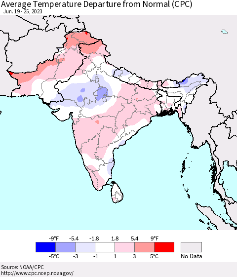 Southern Asia Average Temperature Departure from Normal (CPC) Thematic Map For 6/19/2023 - 6/25/2023
