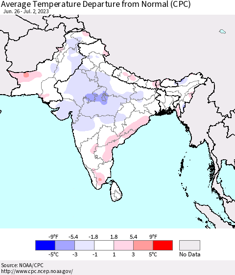 Southern Asia Average Temperature Departure from Normal (CPC) Thematic Map For 6/26/2023 - 7/2/2023