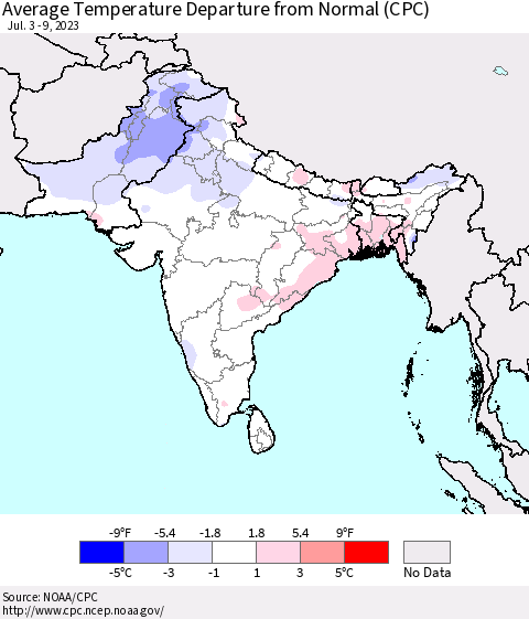 Southern Asia Average Temperature Departure from Normal (CPC) Thematic Map For 7/3/2023 - 7/9/2023