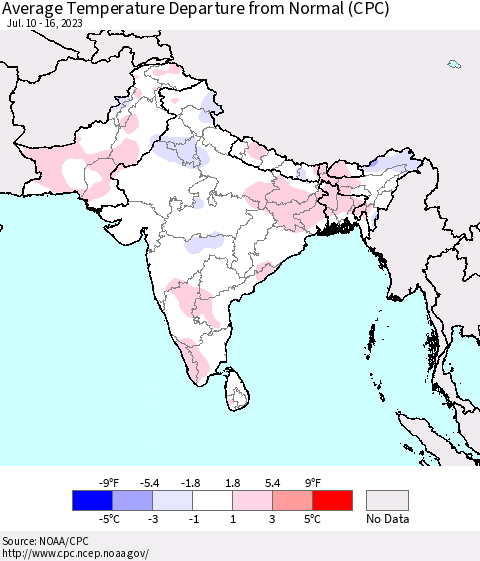 Southern Asia Average Temperature Departure from Normal (CPC) Thematic Map For 7/10/2023 - 7/16/2023