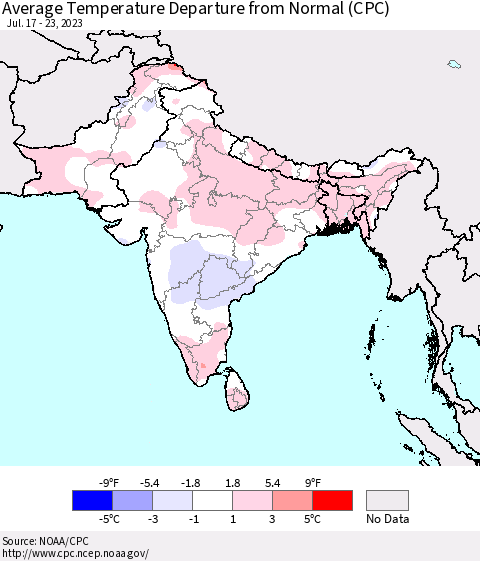 Southern Asia Average Temperature Departure from Normal (CPC) Thematic Map For 7/17/2023 - 7/23/2023