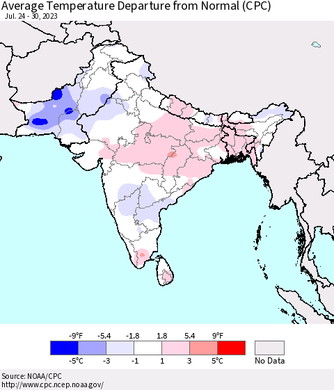 Southern Asia Average Temperature Departure from Normal (CPC) Thematic Map For 7/24/2023 - 7/30/2023