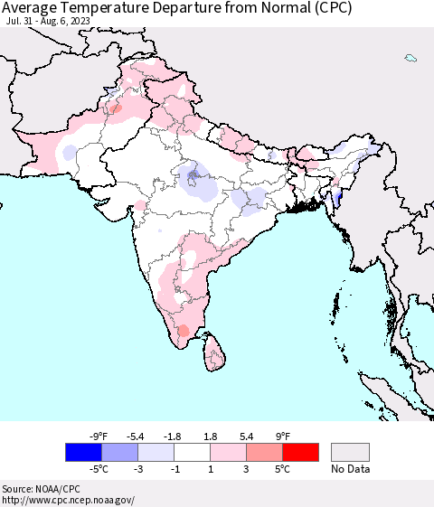 Southern Asia Average Temperature Departure from Normal (CPC) Thematic Map For 7/31/2023 - 8/6/2023