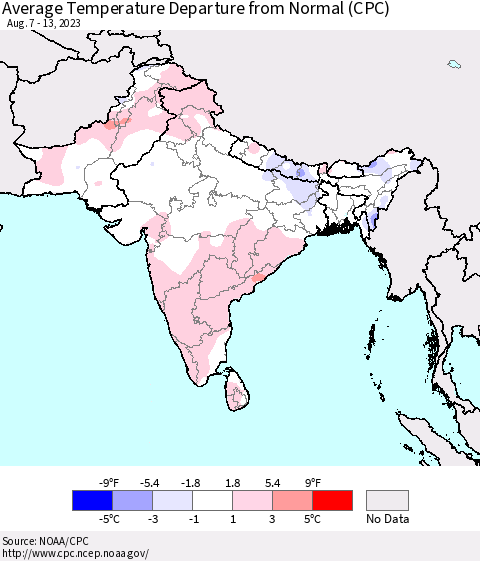 Southern Asia Average Temperature Departure from Normal (CPC) Thematic Map For 8/7/2023 - 8/13/2023