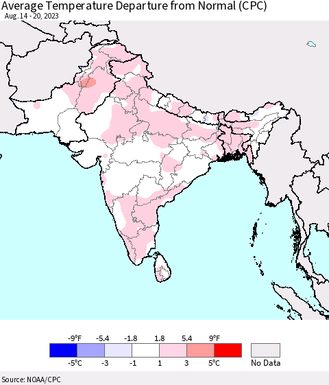 Southern Asia Average Temperature Departure from Normal (CPC) Thematic Map For 8/14/2023 - 8/20/2023