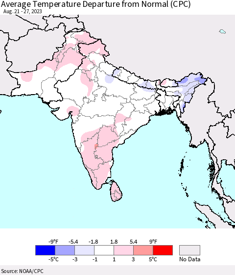 Southern Asia Average Temperature Departure from Normal (CPC) Thematic Map For 8/21/2023 - 8/27/2023