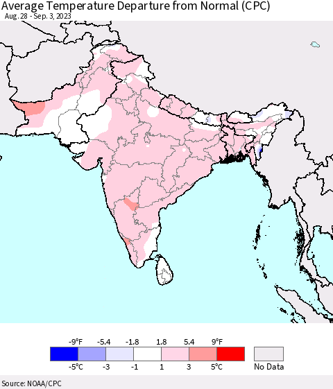 Southern Asia Average Temperature Departure from Normal (CPC) Thematic Map For 8/28/2023 - 9/3/2023
