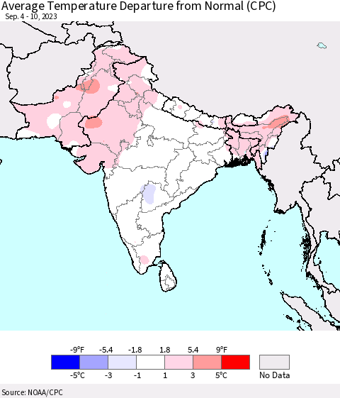 Southern Asia Average Temperature Departure from Normal (CPC) Thematic Map For 9/4/2023 - 9/10/2023