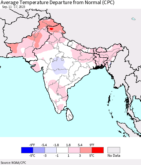 Southern Asia Average Temperature Departure from Normal (CPC) Thematic Map For 9/11/2023 - 9/17/2023