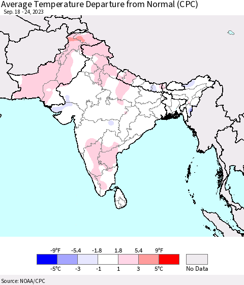 Southern Asia Average Temperature Departure from Normal (CPC) Thematic Map For 9/18/2023 - 9/24/2023