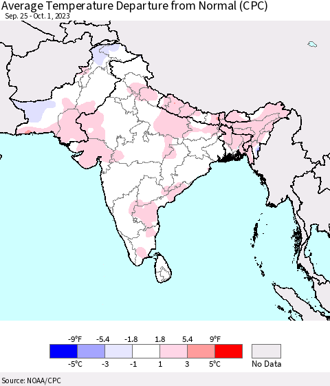 Southern Asia Average Temperature Departure from Normal (CPC) Thematic Map For 9/25/2023 - 10/1/2023