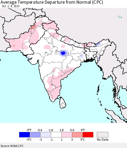 Southern Asia Average Temperature Departure from Normal (CPC) Thematic Map For 10/2/2023 - 10/8/2023