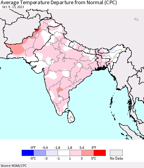 Southern Asia Average Temperature Departure from Normal (CPC) Thematic Map For 10/9/2023 - 10/15/2023