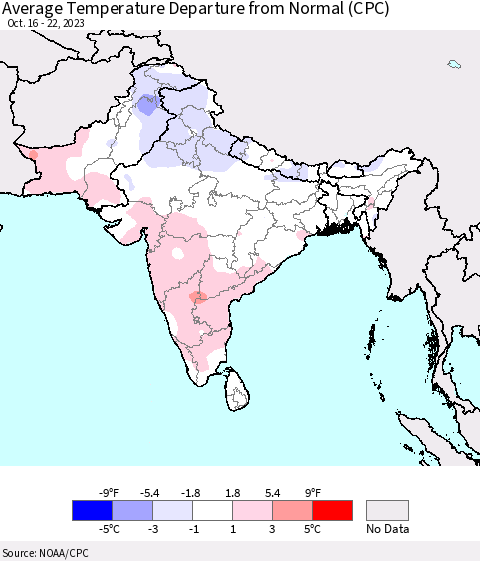 Southern Asia Average Temperature Departure from Normal (CPC) Thematic Map For 10/16/2023 - 10/22/2023