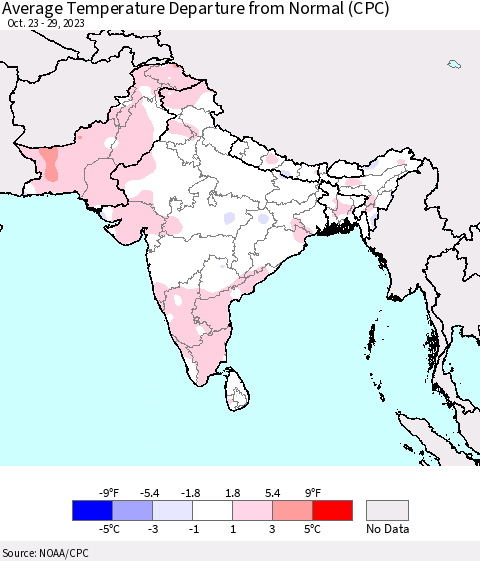 Southern Asia Average Temperature Departure from Normal (CPC) Thematic Map For 10/23/2023 - 10/29/2023