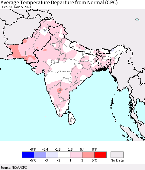 Southern Asia Average Temperature Departure from Normal (CPC) Thematic Map For 10/30/2023 - 11/5/2023