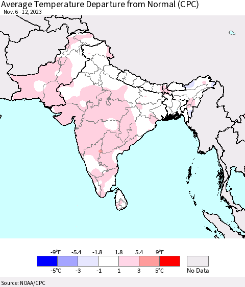 Southern Asia Average Temperature Departure from Normal (CPC) Thematic Map For 11/6/2023 - 11/12/2023