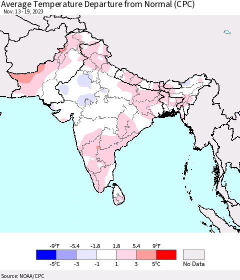 Southern Asia Average Temperature Departure from Normal (CPC) Thematic Map For 11/13/2023 - 11/19/2023