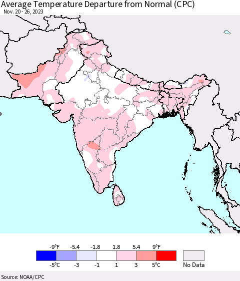 Southern Asia Average Temperature Departure from Normal (CPC) Thematic Map For 11/20/2023 - 11/26/2023