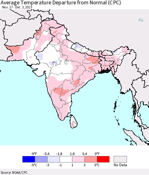 Southern Asia Average Temperature Departure from Normal (CPC) Thematic Map For 11/27/2023 - 12/3/2023