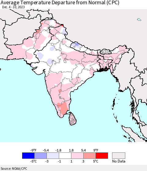 Southern Asia Average Temperature Departure from Normal (CPC) Thematic Map For 12/4/2023 - 12/10/2023