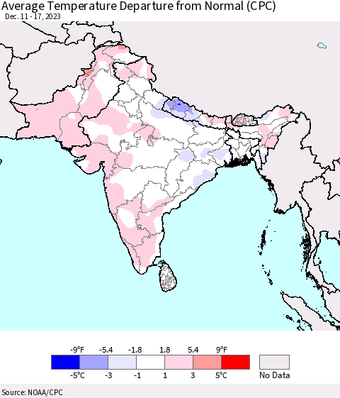 Southern Asia Average Temperature Departure from Normal (CPC) Thematic Map For 12/11/2023 - 12/17/2023