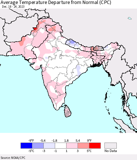 Southern Asia Average Temperature Departure from Normal (CPC) Thematic Map For 12/18/2023 - 12/24/2023