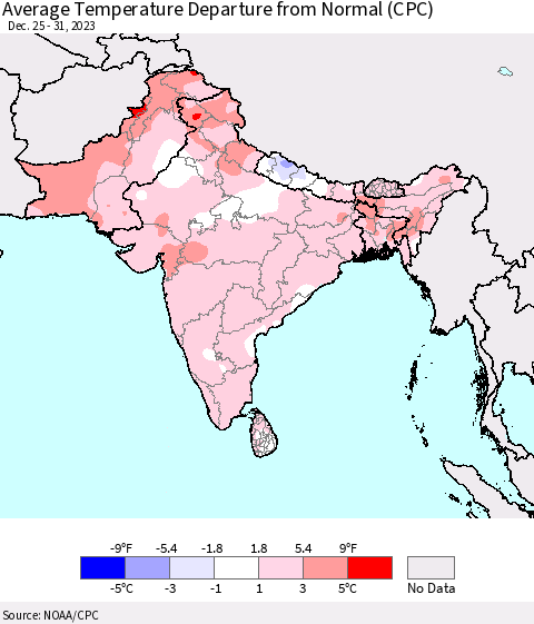 Southern Asia Average Temperature Departure from Normal (CPC) Thematic Map For 12/25/2023 - 12/31/2023