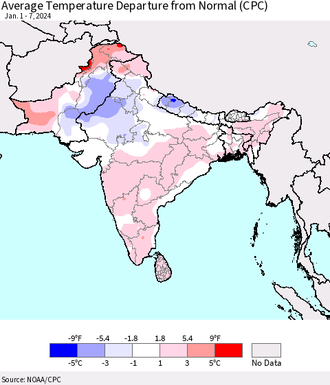 Southern Asia Average Temperature Departure from Normal (CPC) Thematic Map For 1/1/2024 - 1/7/2024