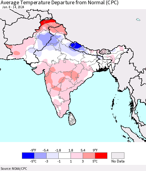 Southern Asia Average Temperature Departure from Normal (CPC) Thematic Map For 1/8/2024 - 1/14/2024