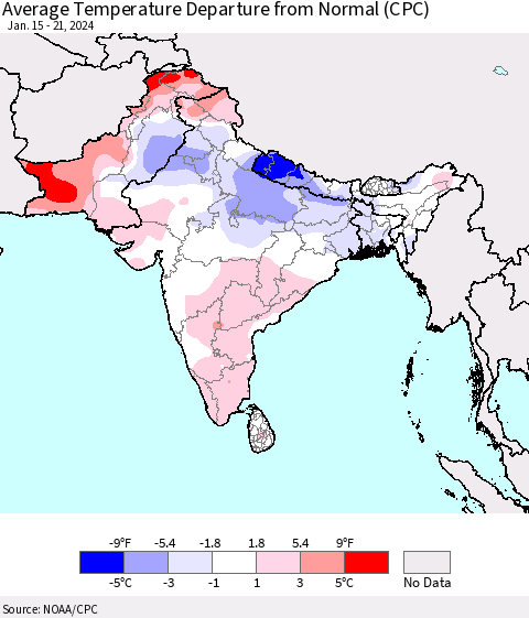 Southern Asia Average Temperature Departure from Normal (CPC) Thematic Map For 1/15/2024 - 1/21/2024