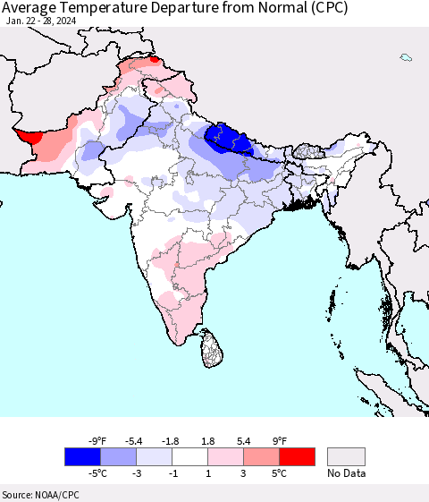 Southern Asia Average Temperature Departure from Normal (CPC) Thematic Map For 1/22/2024 - 1/28/2024
