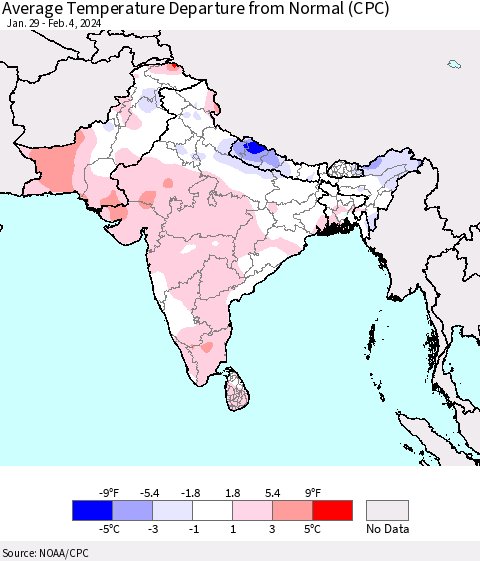 Southern Asia Average Temperature Departure from Normal (CPC) Thematic Map For 1/29/2024 - 2/4/2024