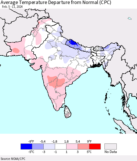 Southern Asia Average Temperature Departure from Normal (CPC) Thematic Map For 2/5/2024 - 2/11/2024