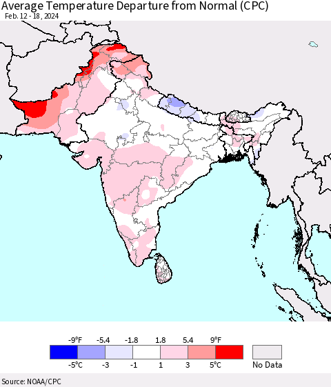 Southern Asia Average Temperature Departure from Normal (CPC) Thematic Map For 2/12/2024 - 2/18/2024