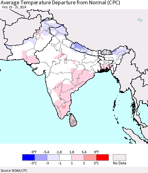 Southern Asia Average Temperature Departure from Normal (CPC) Thematic Map For 2/19/2024 - 2/25/2024