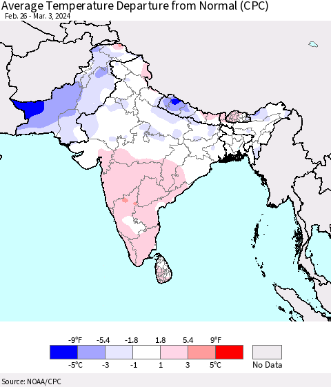 Southern Asia Average Temperature Departure from Normal (CPC) Thematic Map For 2/26/2024 - 3/3/2024