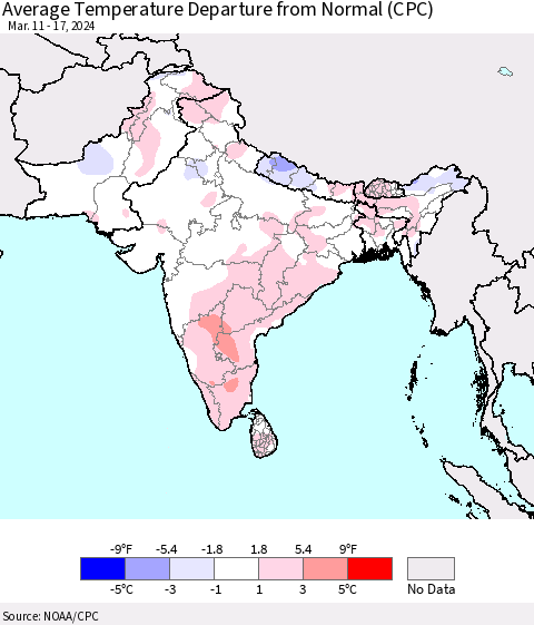 Southern Asia Average Temperature Departure from Normal (CPC) Thematic Map For 3/11/2024 - 3/17/2024