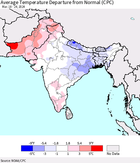 Southern Asia Average Temperature Departure from Normal (CPC) Thematic Map For 3/18/2024 - 3/24/2024