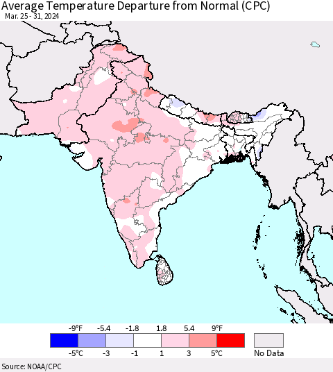Southern Asia Average Temperature Departure from Normal (CPC) Thematic Map For 3/25/2024 - 3/31/2024